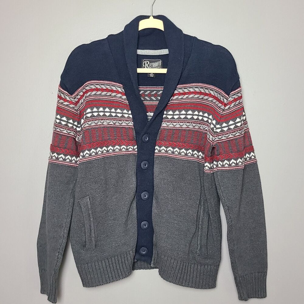 Retrofit Shawl Collar Button Front Cardigan Grandpa Sweater Cozy Navy Gray Sz M